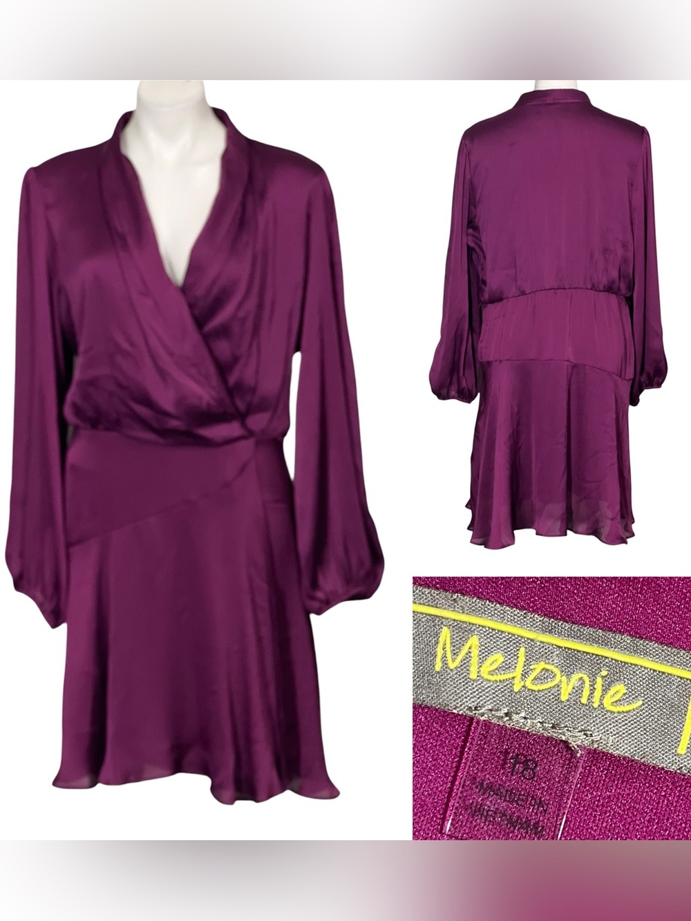 Melonie T dress 16 Deep purple Plum Satin faux Wrap knee length office cocktail